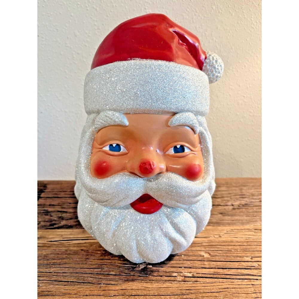 Vintage Blow Mold Christmas Santa Claus Head Glitter Used Nose Not Perfect